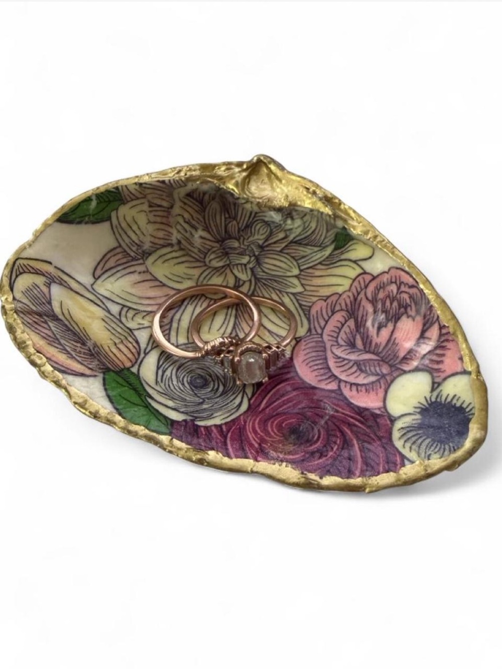 Shell Jewelry Dish with Gold Trim and floral detailing